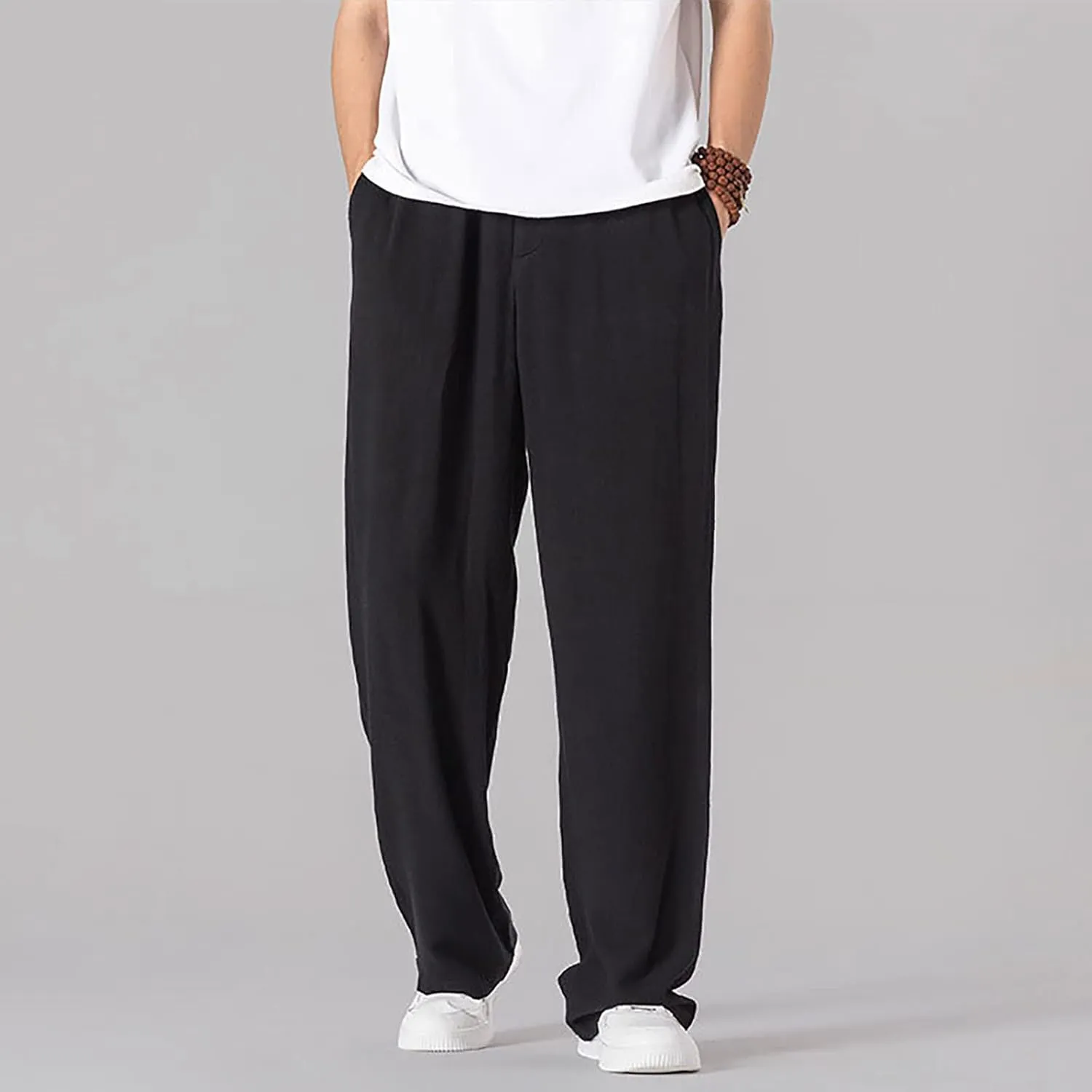 Linen Pants Men Tapered Leg Casual Drawstring Elastic Waist Beach Yoga Pants Summer Lightweight Trousers with Pockets