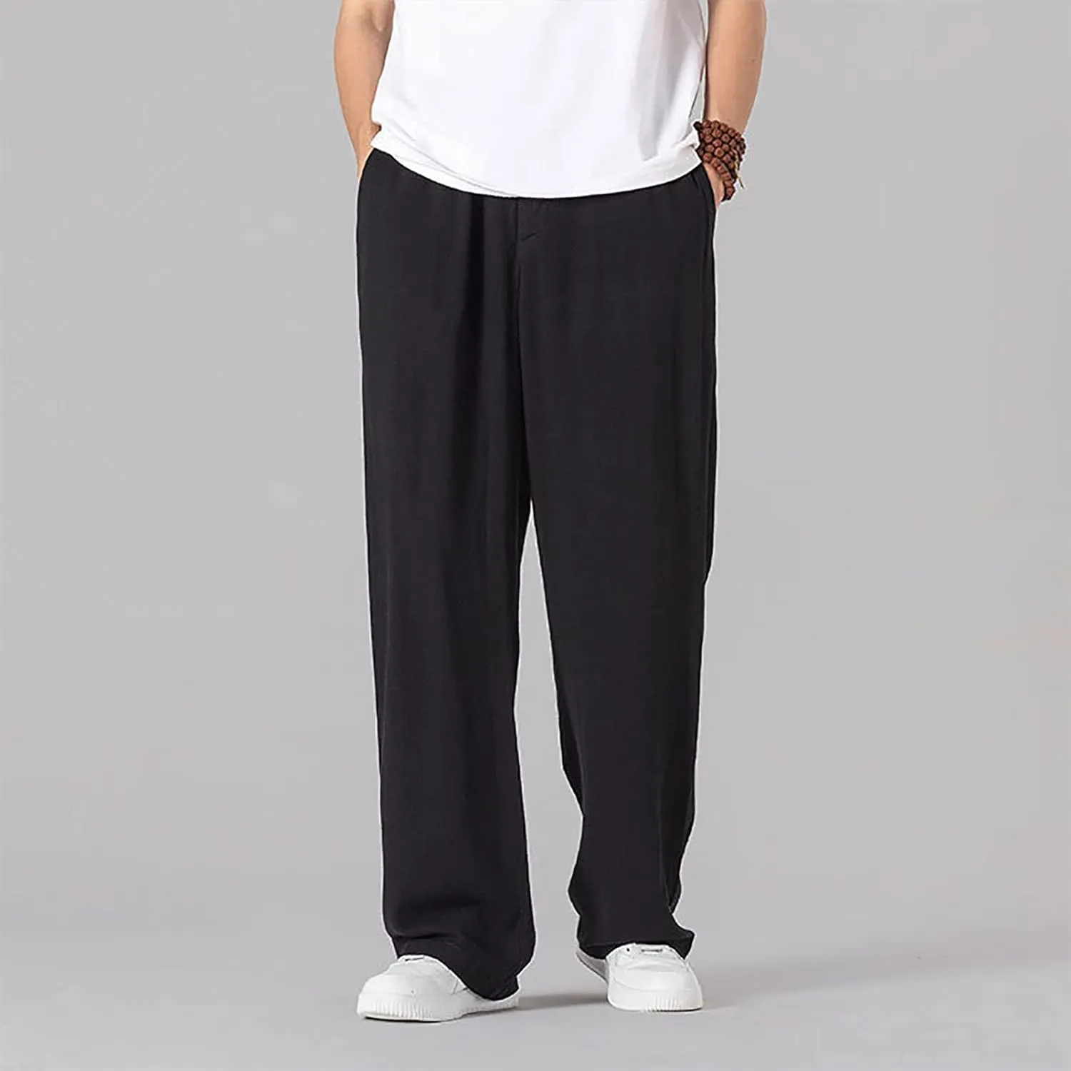 Linen Pants Men Tapered Leg Casual Drawstring Elastic Waist Beach Yoga Pants Summer Lightweight Trousers with Pockets