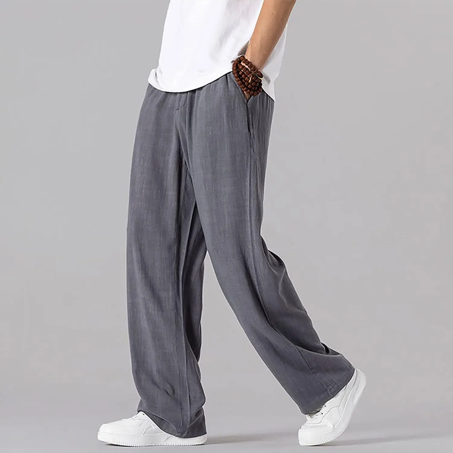 Linen Pants Men Tapered Leg Casual Drawstring Elastic Waist Beach Yoga Pants Summer Lightweight Trousers with Pockets