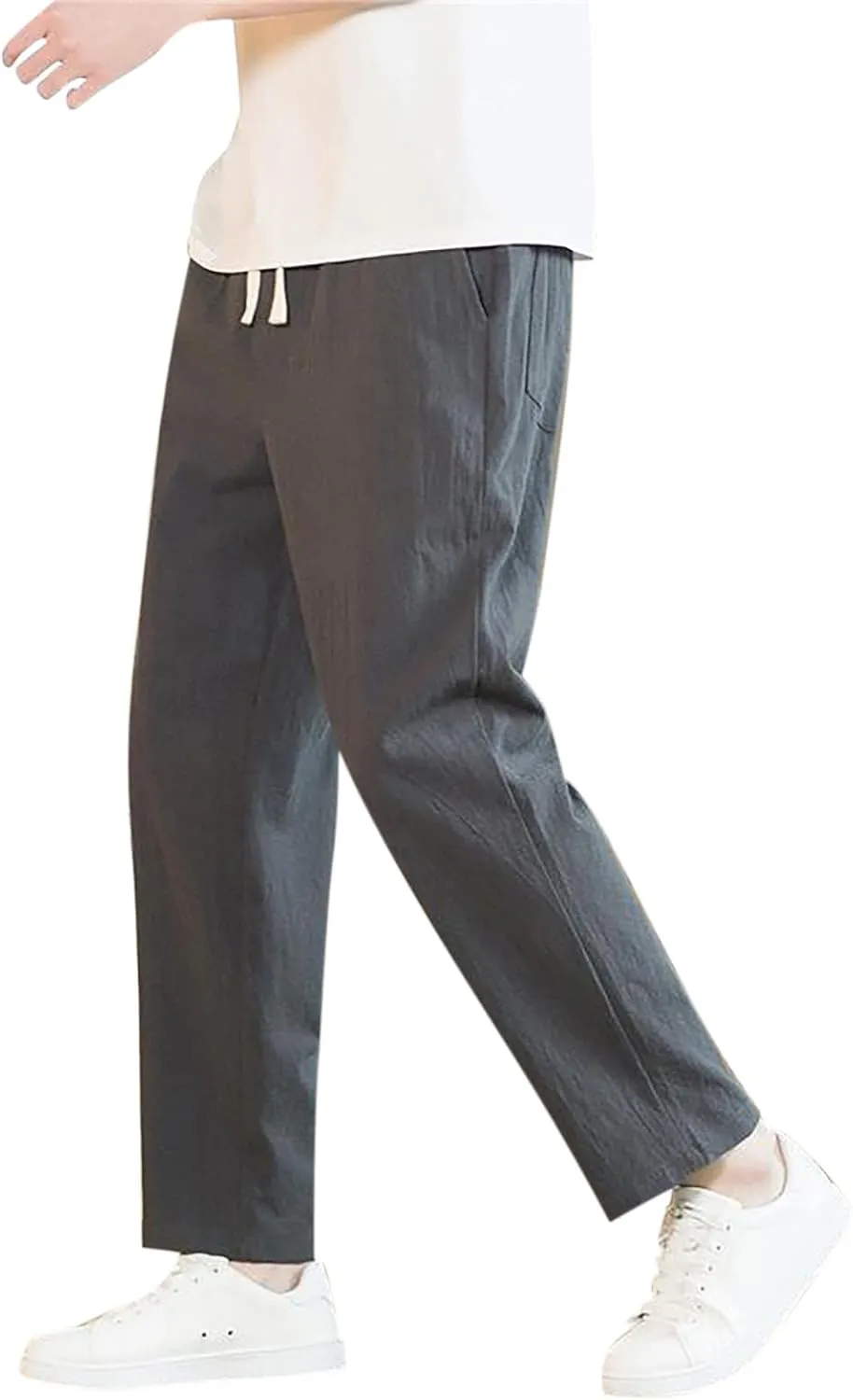 Linen Pants Men Tapered Leg Elastic Drawstring Waist Lounge Beach Pants Summer Casual Straight Leg Dress Trousers