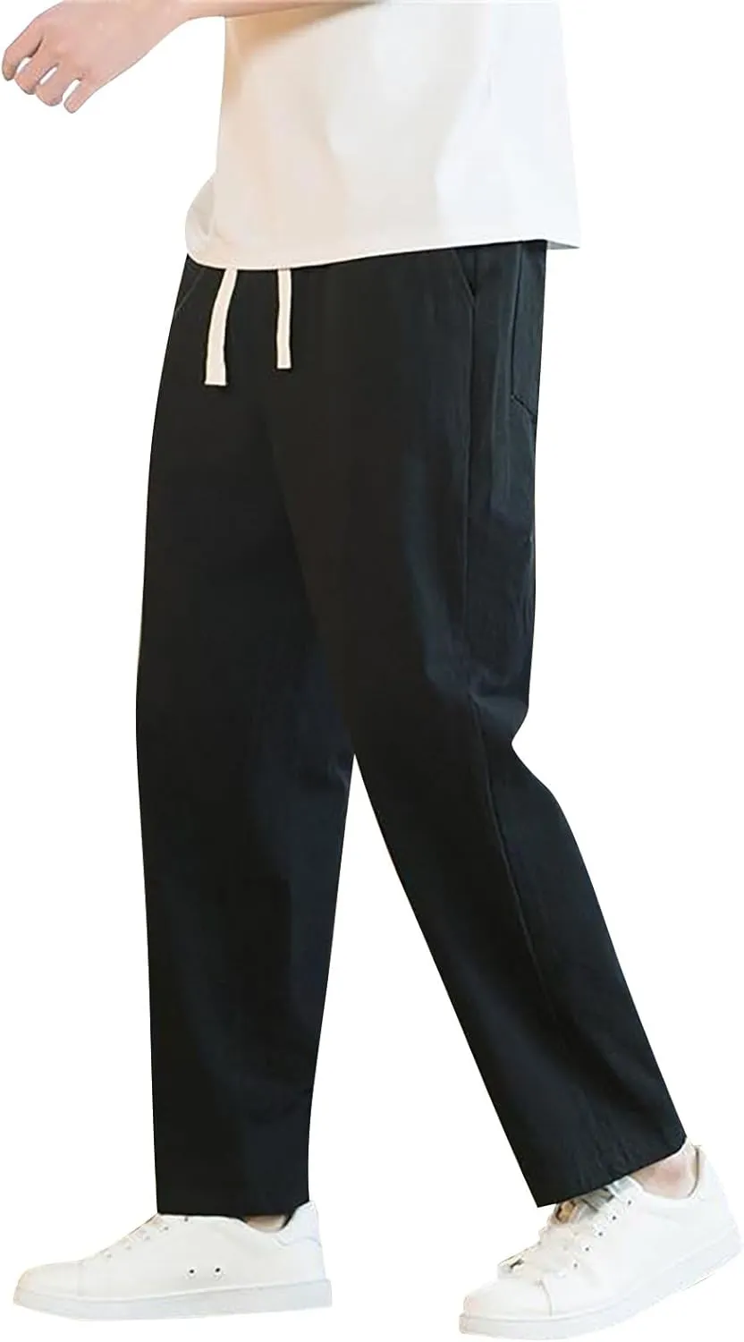 Linen Pants Men Tapered Leg Elastic Drawstring Waist Lounge Beach Pants Summer Casual Straight Leg Dress Trousers