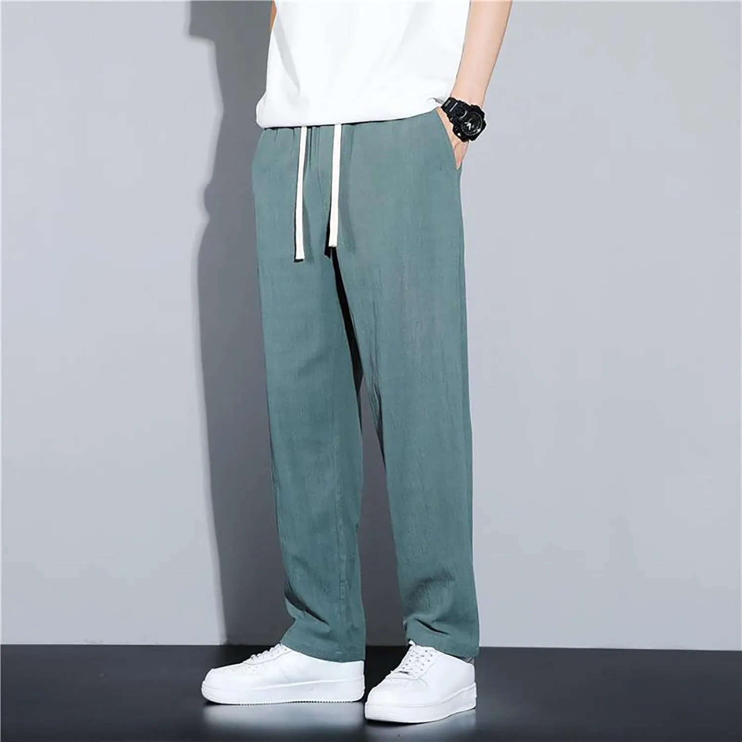 Linen Pants Men Tapered Leg Elastic Drawstring Waist Lounge Beach Pants Summer Casual Straight Leg Dress Trousers