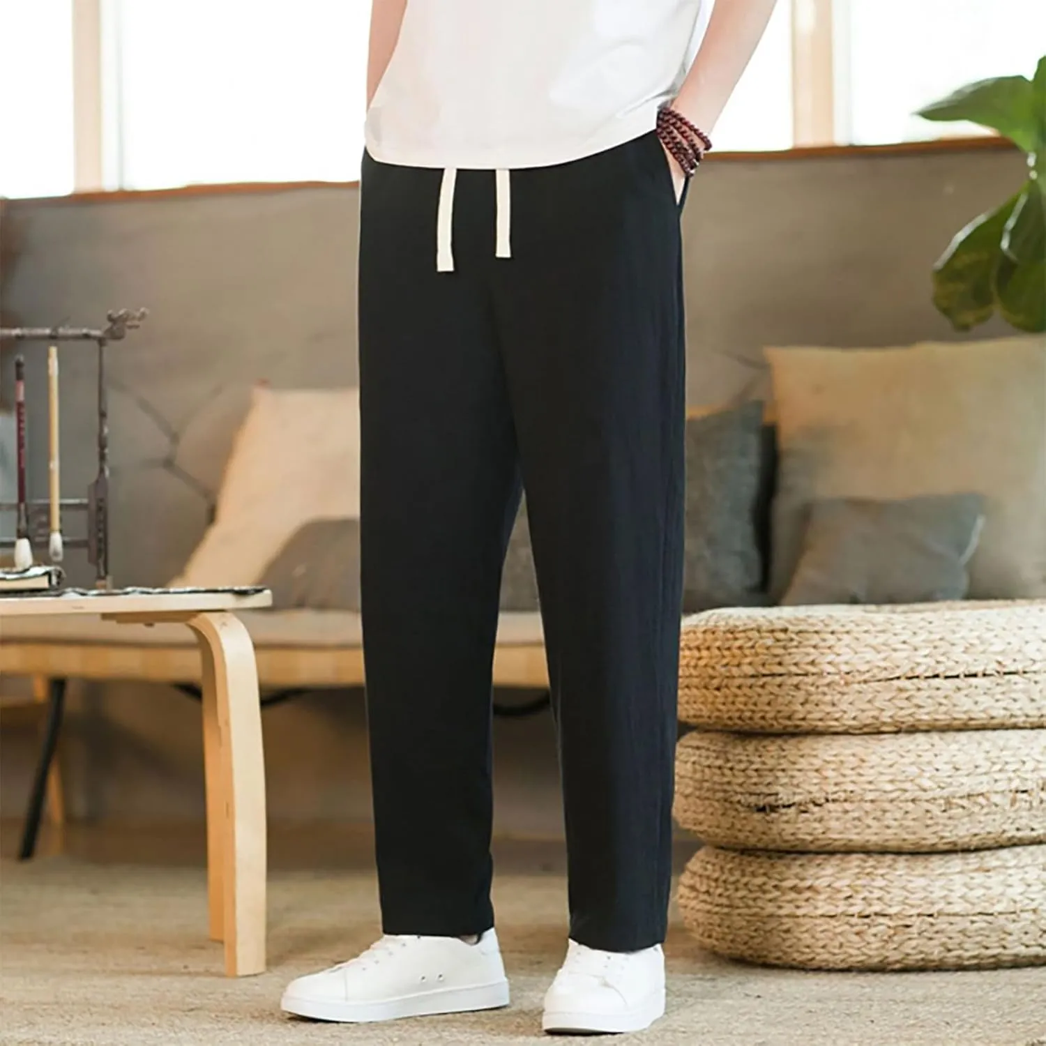 Linen Pants Men Tapered Leg Elastic Drawstring Waist Lounge Beach Pants Summer Casual Straight Leg Dress Trousers