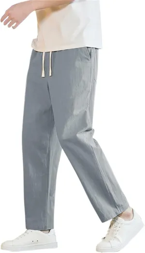 Linen Pants Men Tapered Leg Elastic Drawstring Waist Lounge Beach Pants Summer Casual Straight Leg Dress Trousers