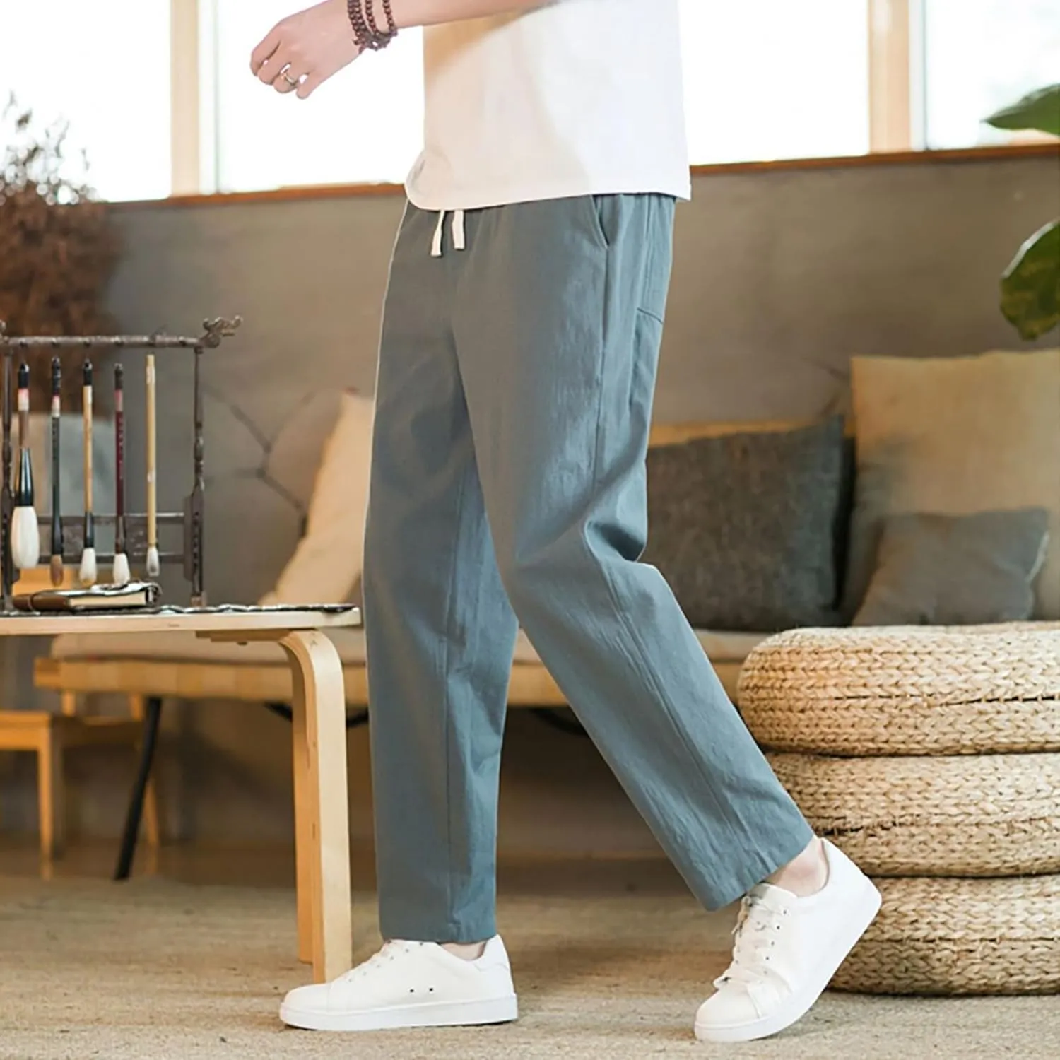 Linen Pants Men Tapered Leg Elastic Drawstring Waist Lounge Beach Pants Summer Casual Straight Leg Dress Trousers