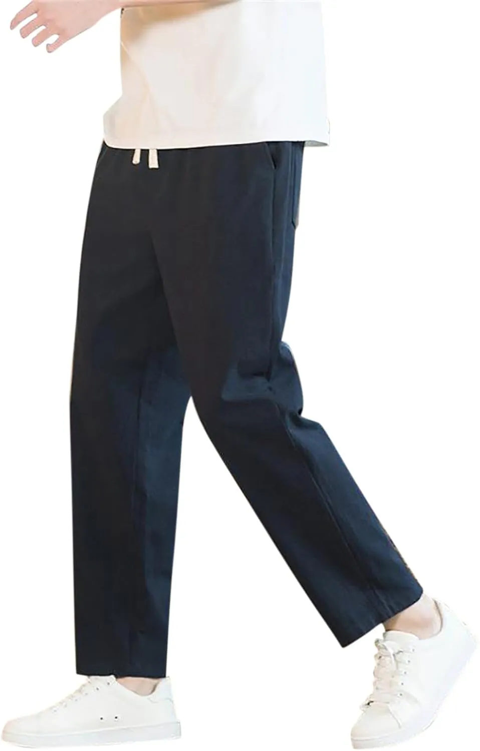 Linen Pants Men Tapered Leg Elastic Drawstring Waist Lounge Beach Pants Summer Casual Straight Leg Dress Trousers