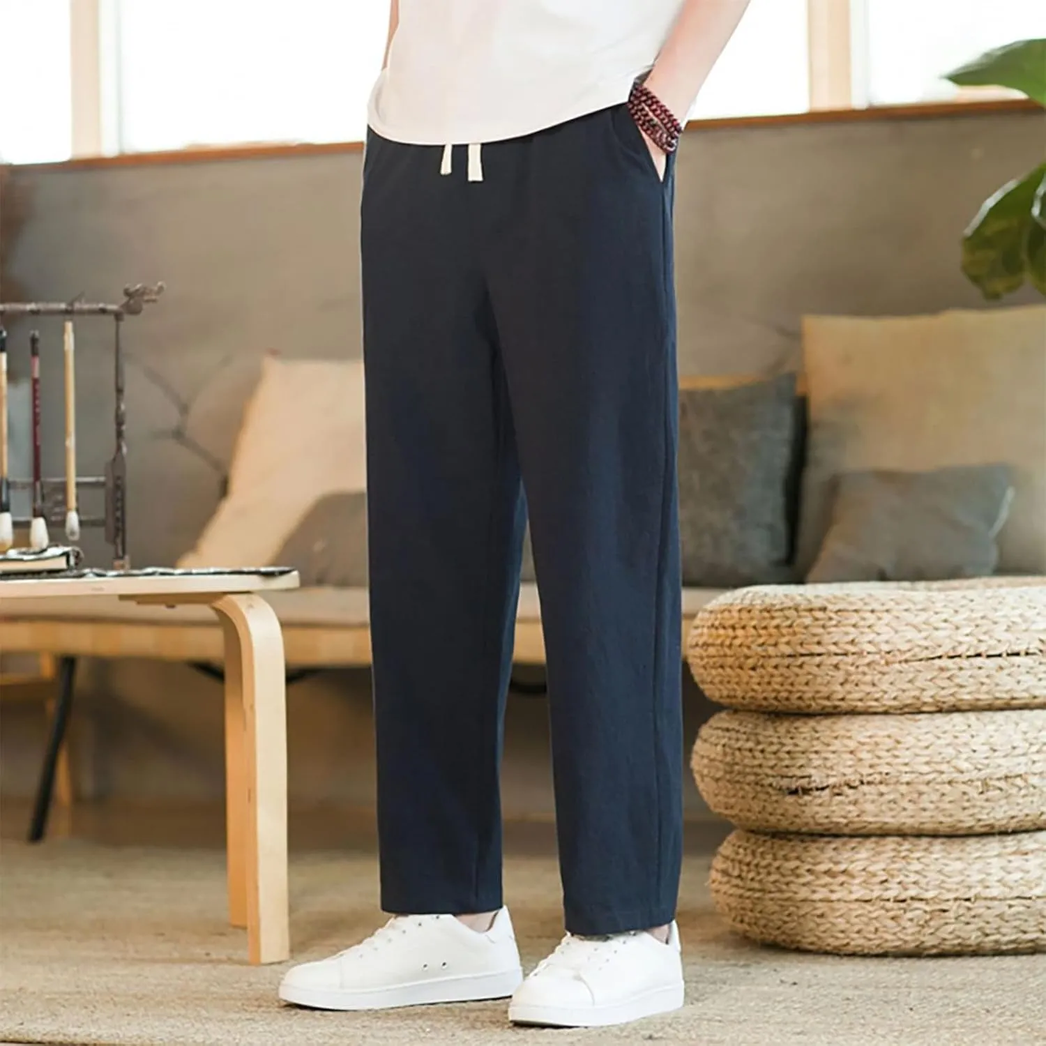 Linen Pants Men Tapered Leg Elastic Drawstring Waist Lounge Beach Pants Summer Casual Straight Leg Dress Trousers