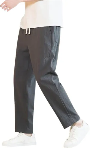 Linen Pants Men Tapered Leg Elastic Drawstring Waist Lounge Beach Pants Summer Casual Straight Leg Dress Trousers