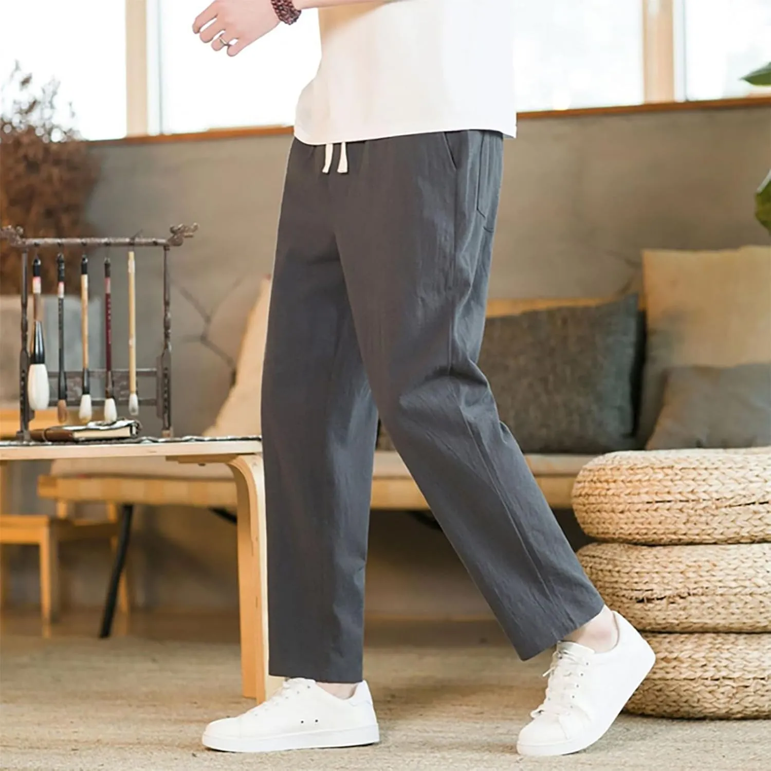 Linen Pants Men Tapered Leg Elastic Drawstring Waist Lounge Beach Pants Summer Casual Straight Leg Dress Trousers