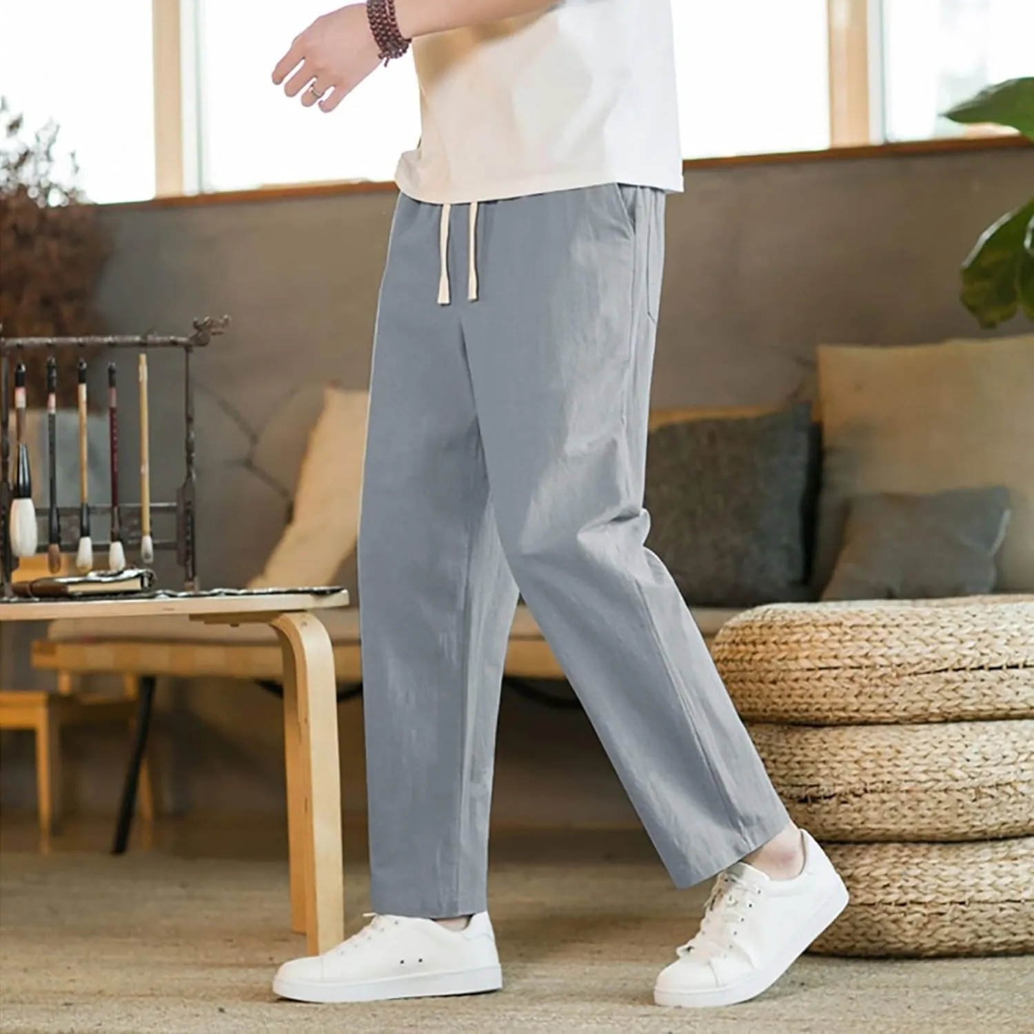 Linen Pants Men Tapered Leg Elastic Drawstring Waist Lounge Beach Pants Summer Casual Straight Leg Dress Trousers