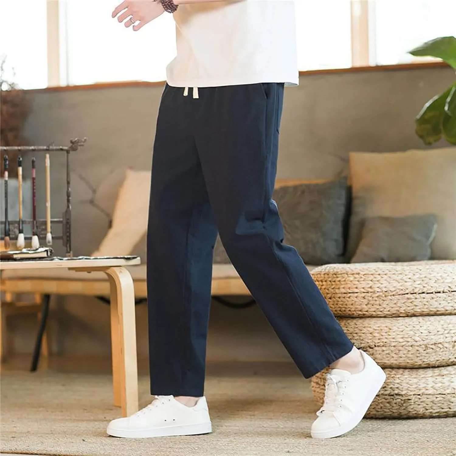 Linen Pants Men Tapered Leg Elastic Drawstring Waist Lounge Beach Pants Summer Casual Straight Leg Dress Trousers