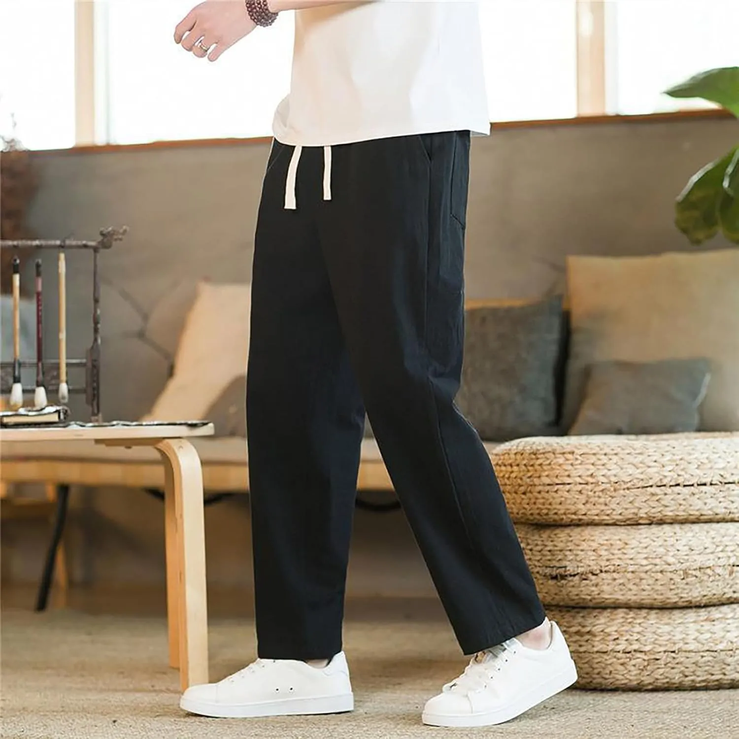 Linen Pants Men Tapered Leg Elastic Drawstring Waist Lounge Beach Pants Summer Casual Straight Leg Dress Trousers