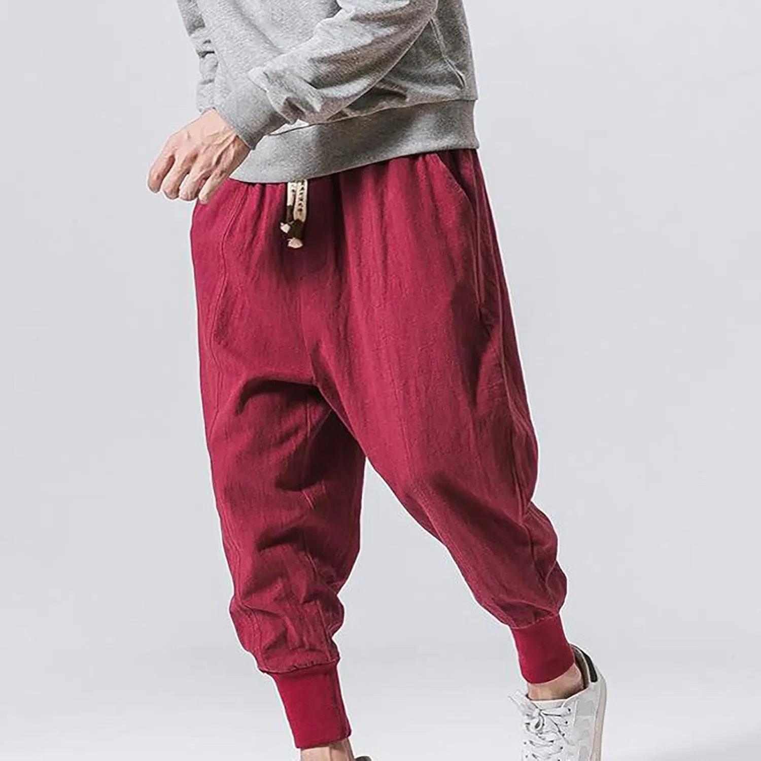 Linen Pants Men Tapered Leg Summer Elastic Waist Drawstring Hip Hop Harem Athletic Pants for Workout Jogging Running