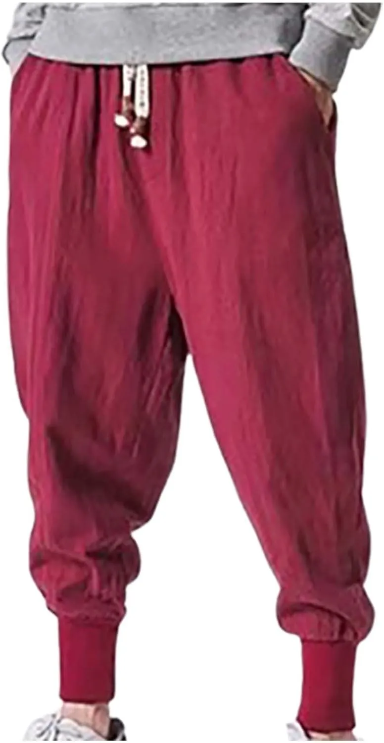 Linen Pants Men Tapered Leg Summer Elastic Waist Drawstring Hip Hop Harem Athletic Pants for Workout Jogging Running