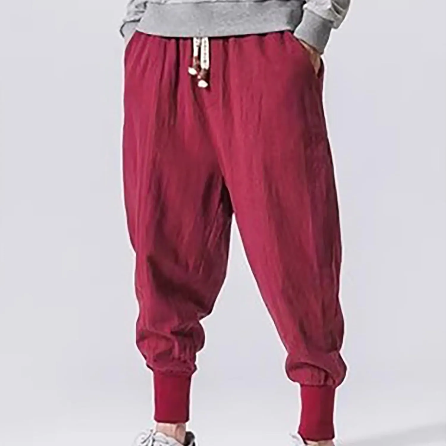 Linen Pants Men Tapered Leg Summer Elastic Waist Drawstring Hip Hop Harem Athletic Pants for Workout Jogging Running