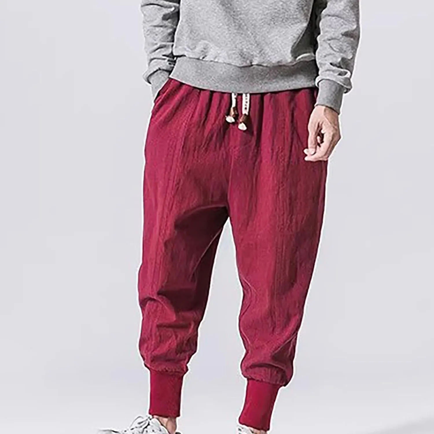Linen Pants Men Tapered Leg Summer Elastic Waist Drawstring Hip Hop Harem Athletic Pants for Workout Jogging Running