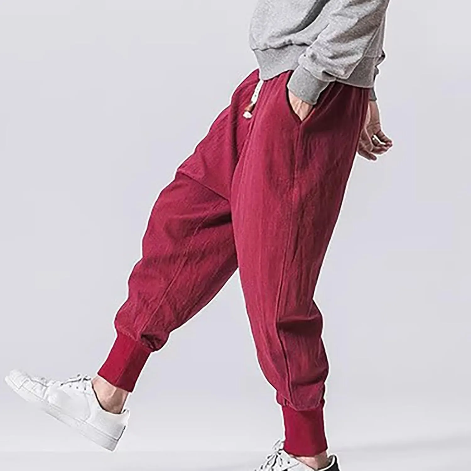 Linen Pants Men Tapered Leg Summer Elastic Waist Drawstring Hip Hop Harem Athletic Pants for Workout Jogging Running