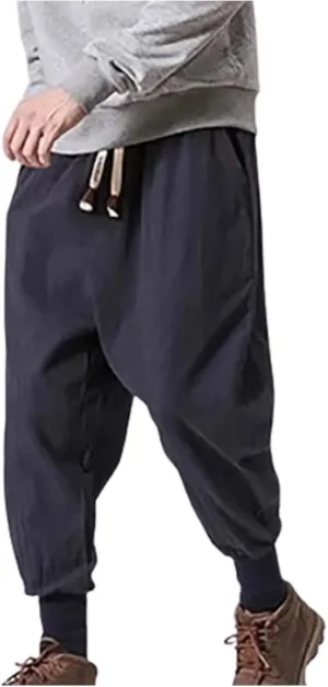 Linen Pants Men Tapered Leg Summer Elastic Waist Drawstring Hip Hop Harem Athletic Pants for Workout Jogging Running
