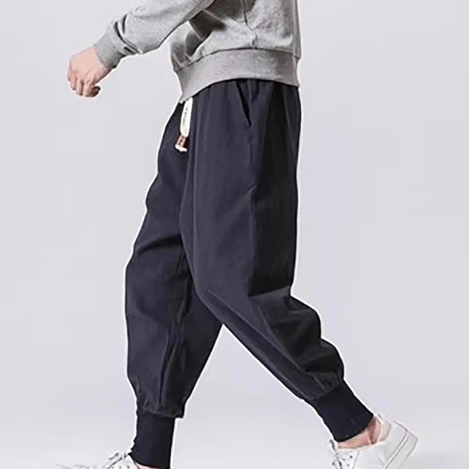 Linen Pants Men Tapered Leg Summer Elastic Waist Drawstring Hip Hop Harem Athletic Pants for Workout Jogging Running