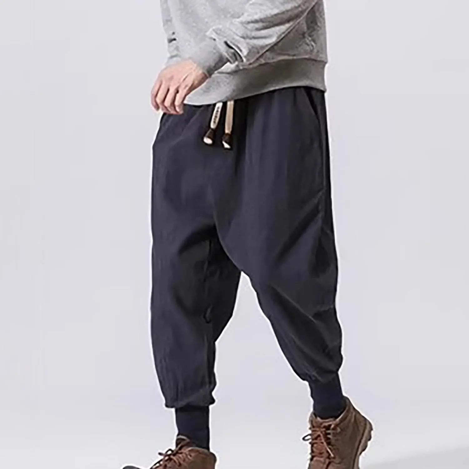 Linen Pants Men Tapered Leg Summer Elastic Waist Drawstring Hip Hop Harem Athletic Pants for Workout Jogging Running