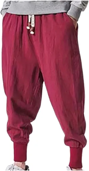 Linen Pants Men Tapered Leg Summer Elastic Waist Drawstring Hip Hop Harem Athletic Pants for Workout Jogging Running