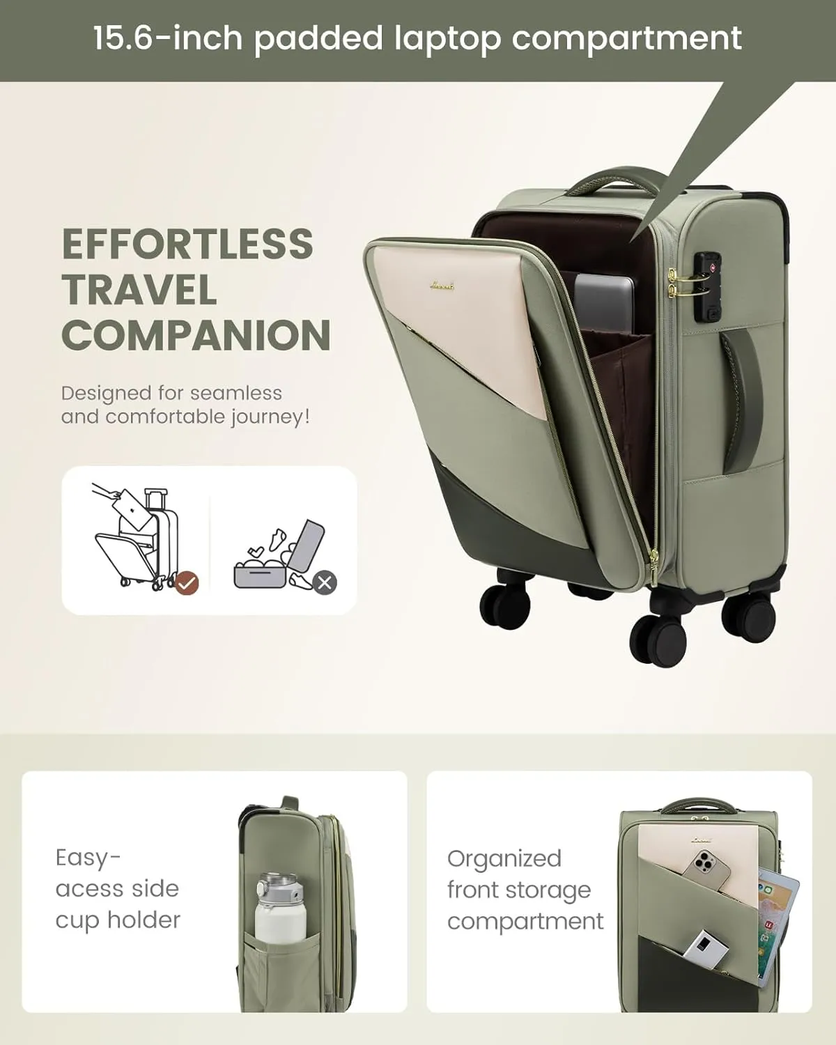 LOVEVOOK Carry On Luggage 22x14x9 Airline Approved,20 Inch Carry-on Suitcase for Women,Softside Suitcases with Wheels,Rolling Checked Luggage with TSA Lock,Lightweight Travel