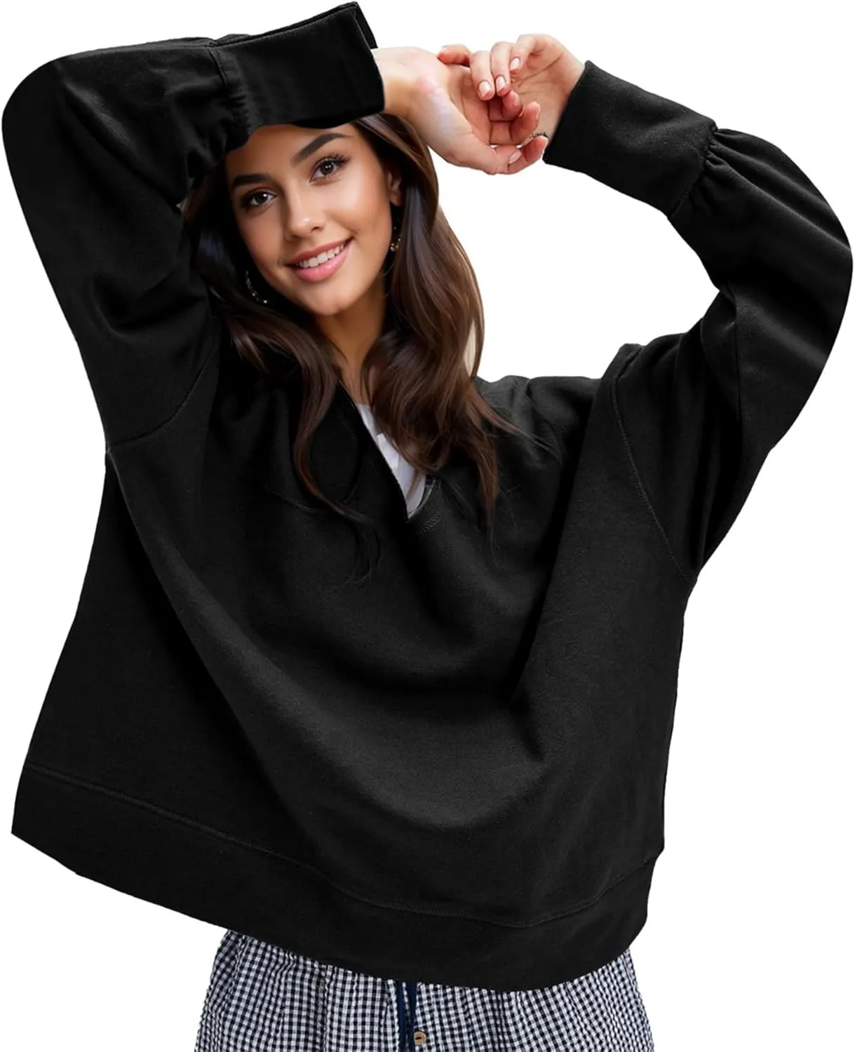 LTSCNRM Oversized Sweatshirt for Women V-Neck Long Sleeve Hoodies Trendy Pullover Outfits Lightweight Loose Casual Tops