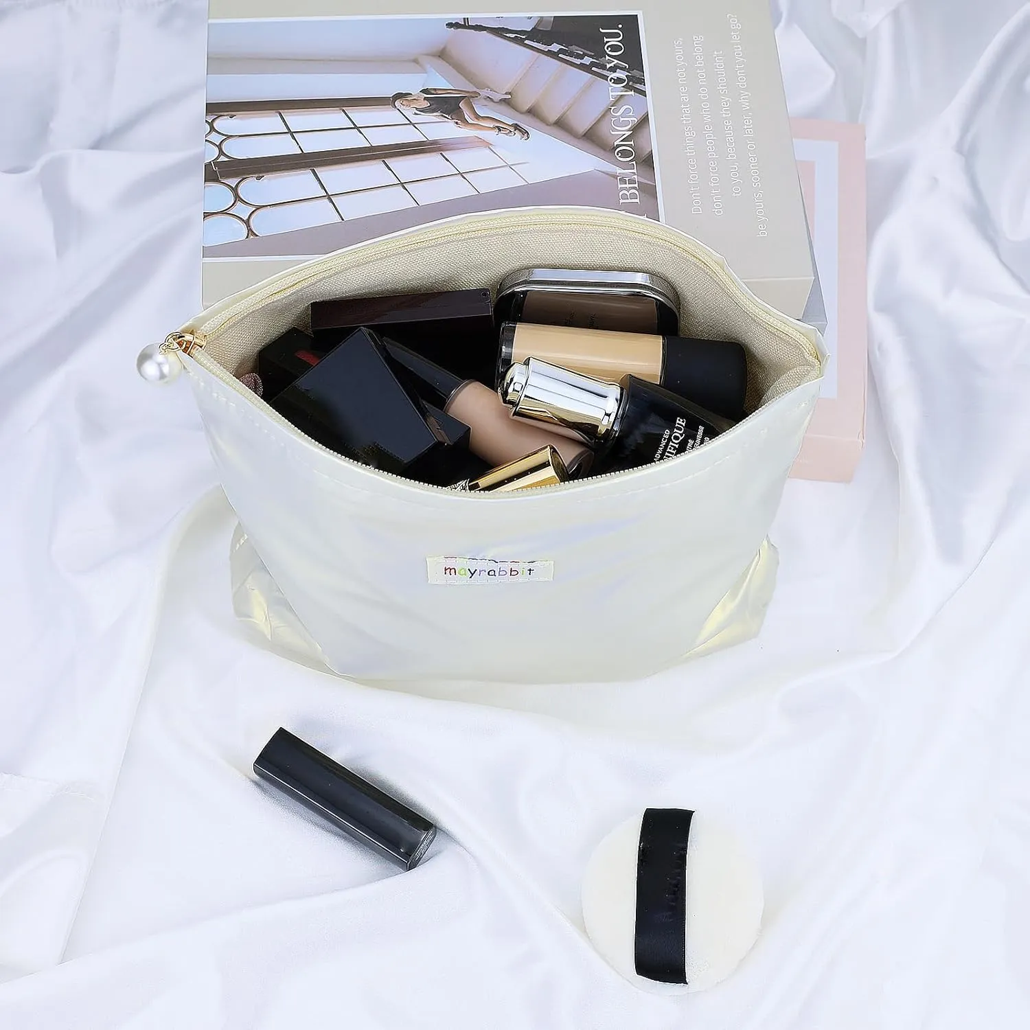 Makeup Bag Large Capacity Cosmetic Purse Travel Toiletry Zipper Storage Pouch Make up Brushes Organizer for Women and Girls (Cream White)