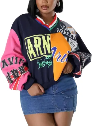Mandonce Oversized Sweatshirt for Women V Neck Long Sleeve Graphic Sweatshirts Letter Print Streetwear Casual Tops for Women