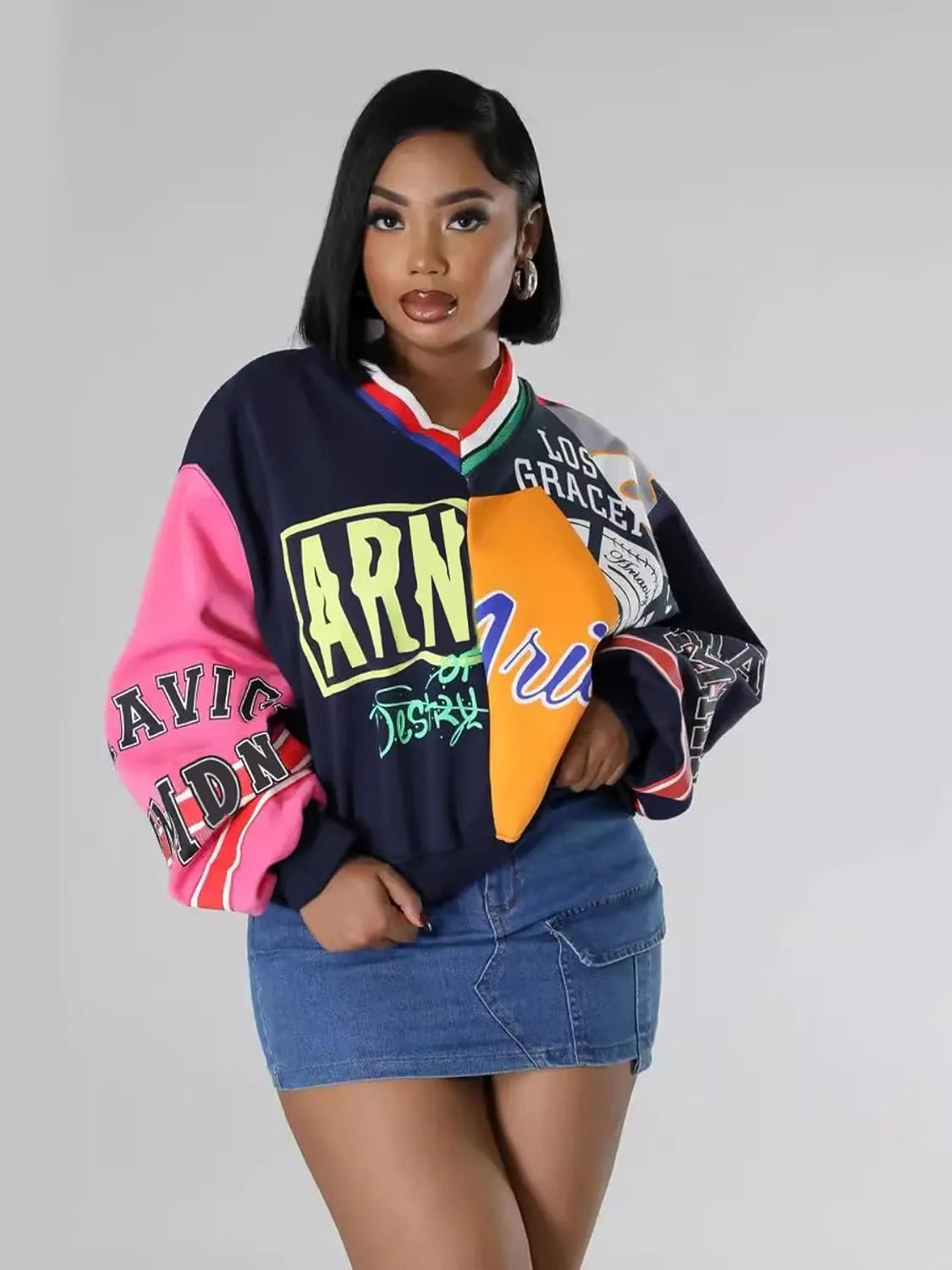 Mandonce Oversized Sweatshirt for Women V Neck Long Sleeve Graphic Sweatshirts Letter Print Streetwear Casual Tops for Women