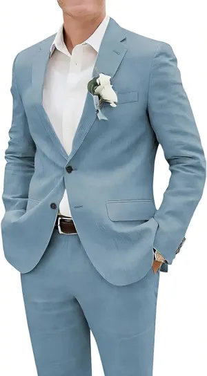 Men's 2 Piece Linen Suit Set Blazer Jacket Tux Pants Summer Beach Wedding Prom Suits for Groosmen