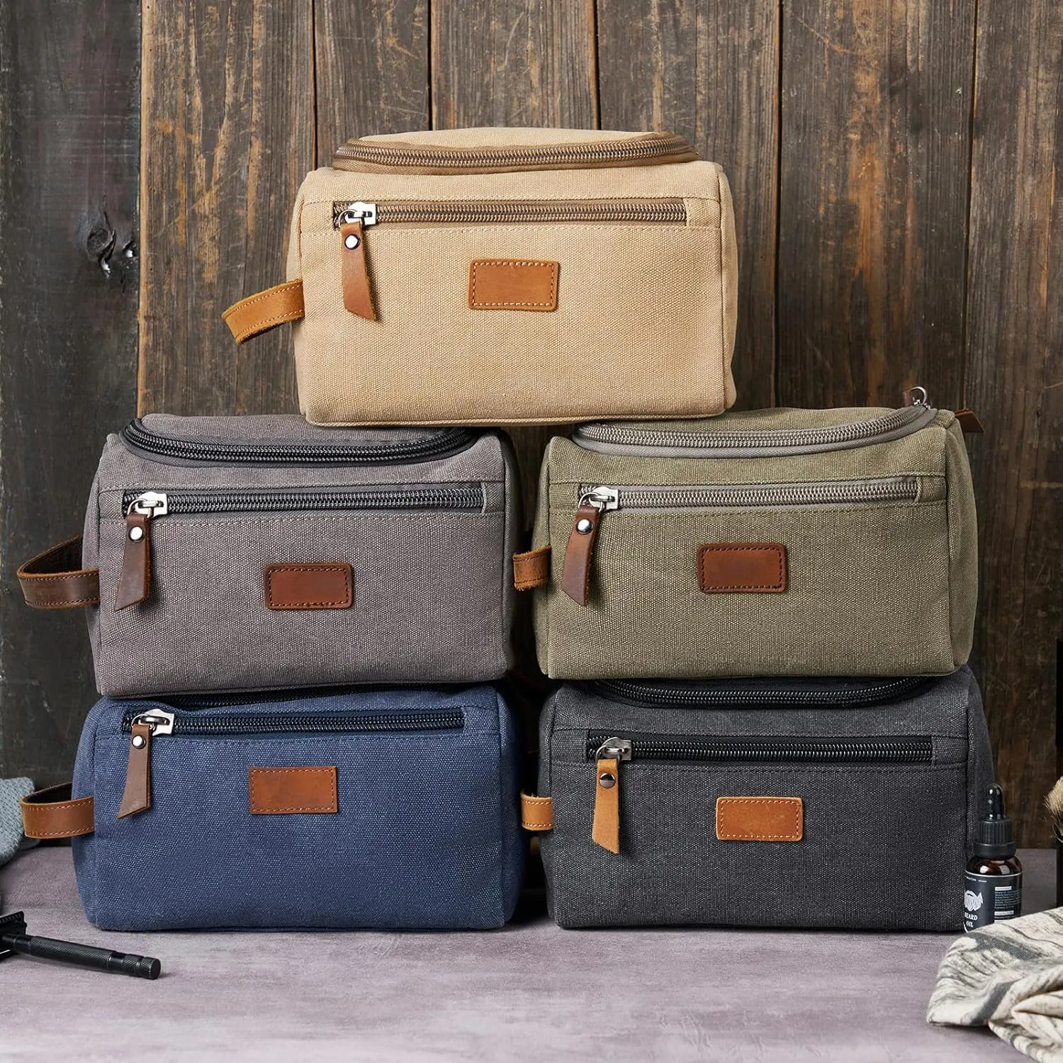 Men's Canvas Toiletry Bag, Large Capacity Men's Travel Portable Toiletry Bag, Organizer Dopp Kit Leather Accessory, Water-resistant Shaving Pouch, Birthday/Anniversary/Groomsmen Gifts for Him- Blue