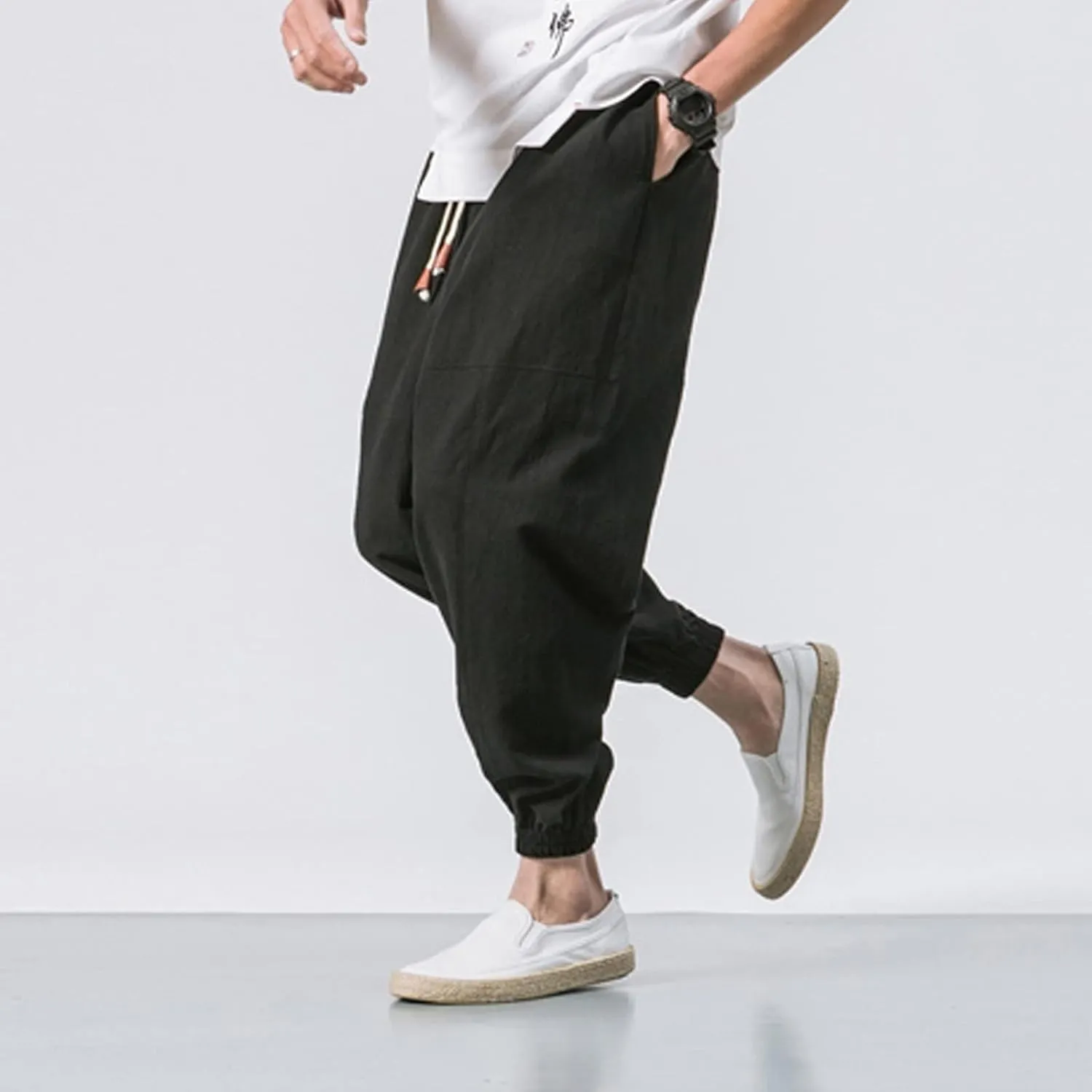 Mens Cotton Linen Harem Pants Drop Crotch Wide Leg Pants Drawstring Waist Baggy Sweatpants Casual Hippie Trousers