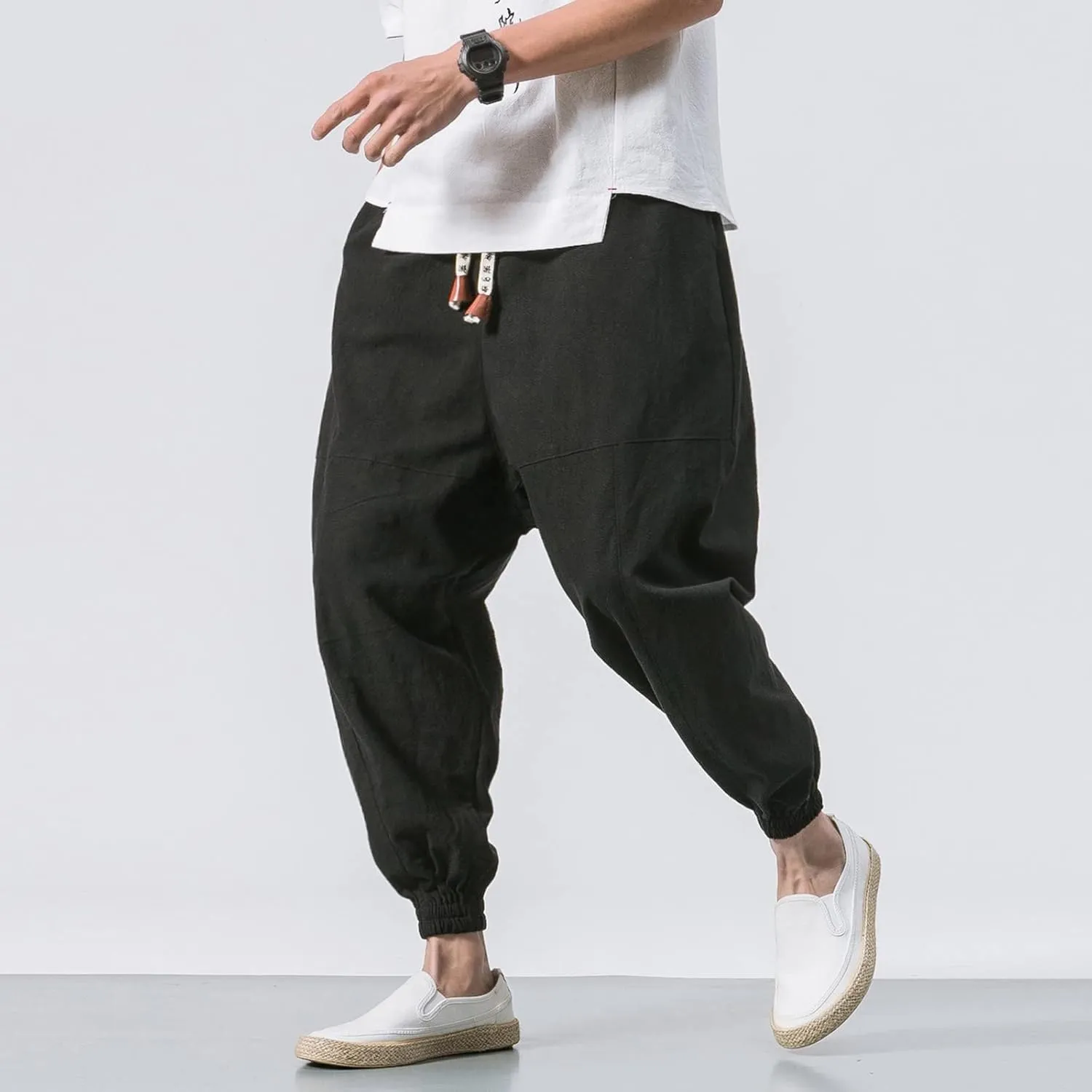 Mens Cotton Linen Harem Pants Drop Crotch Wide Leg Pants Drawstring Waist Baggy Sweatpants Casual Hippie Trousers