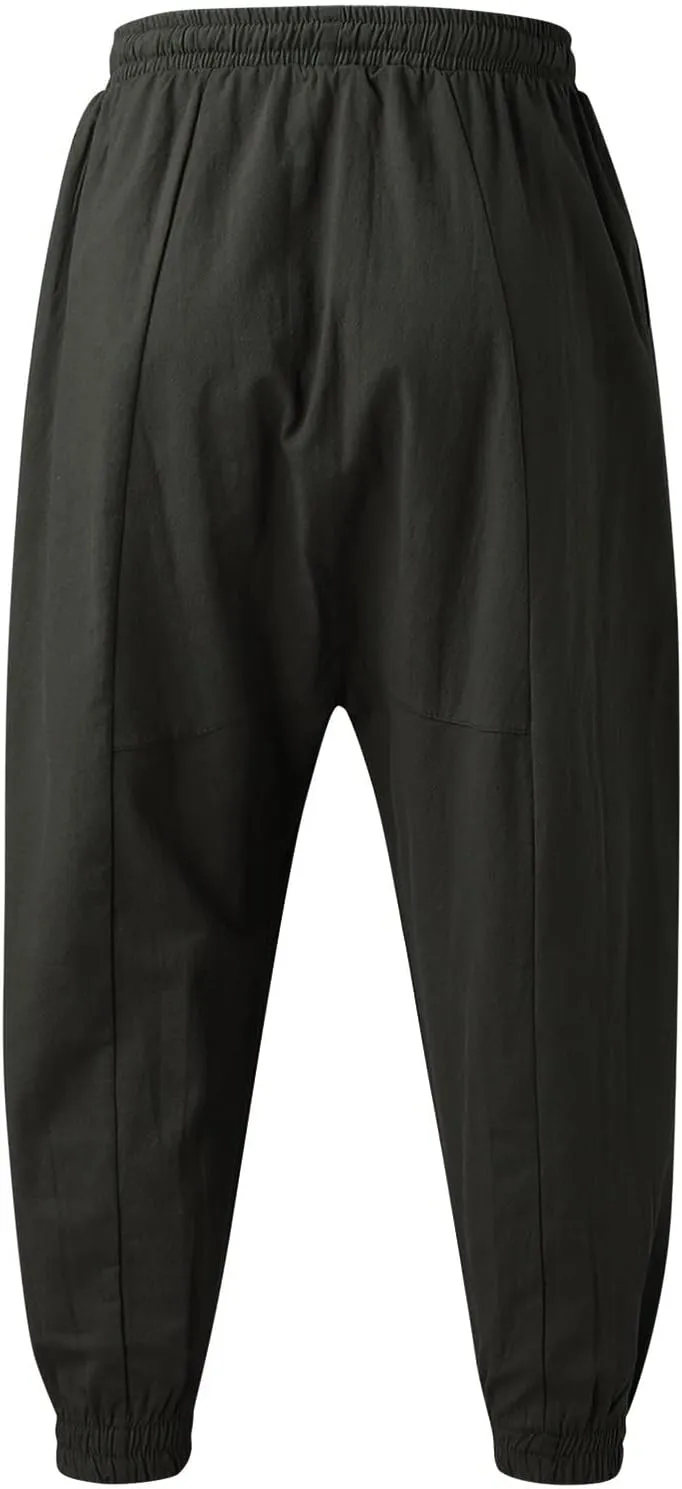 Mens Cotton Linen Harem Pants Drop Crotch Wide Leg Pants Drawstring Waist Baggy Sweatpants Casual Hippie Trousers