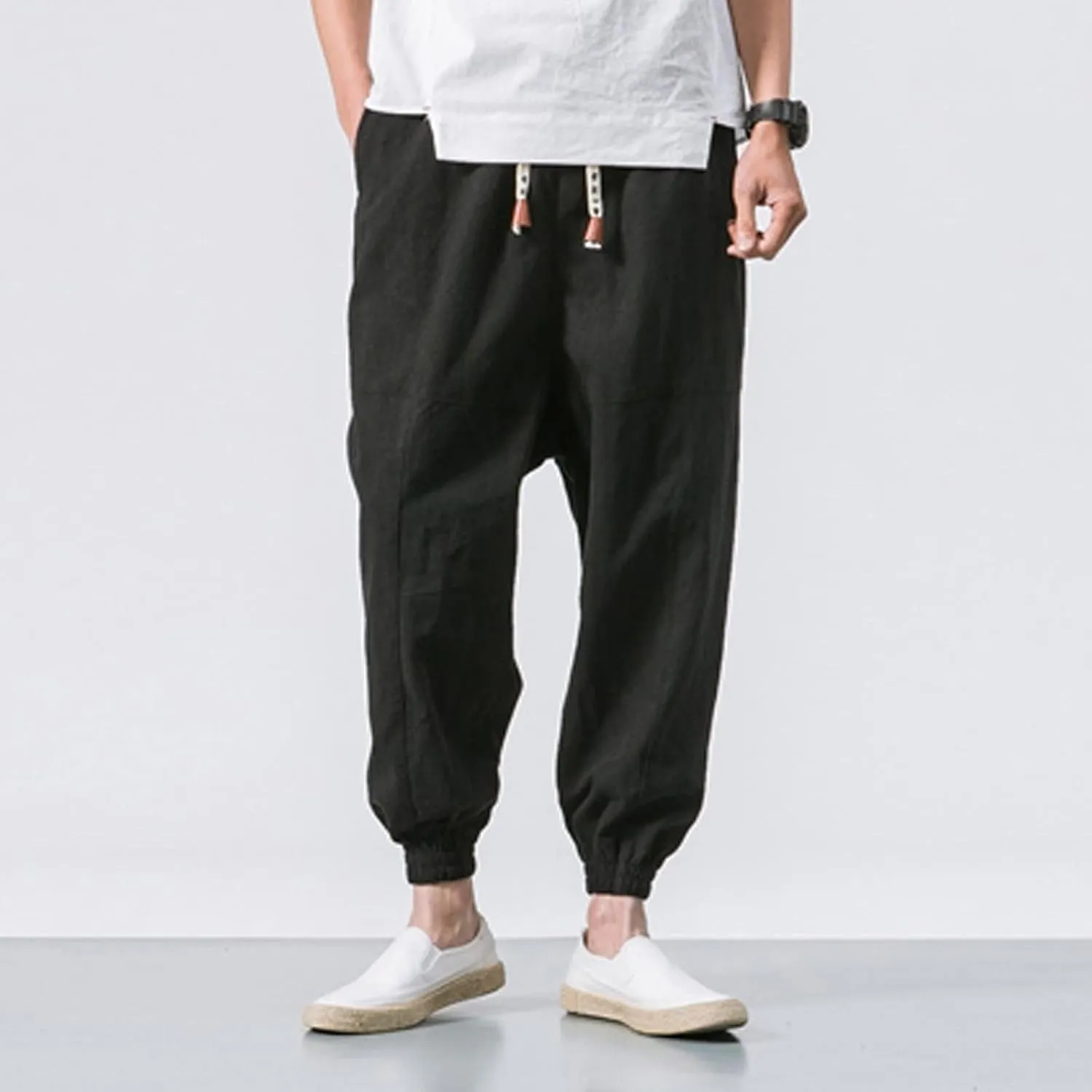 Mens Cotton Linen Harem Pants Drop Crotch Wide Leg Pants Drawstring Waist Baggy Sweatpants Casual Hippie Trousers