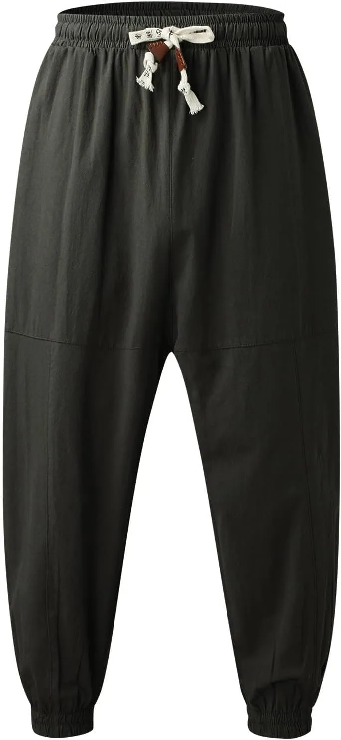 Mens Cotton Linen Harem Pants Drop Crotch Wide Leg Pants Drawstring Waist Baggy Sweatpants Casual Hippie Trousers