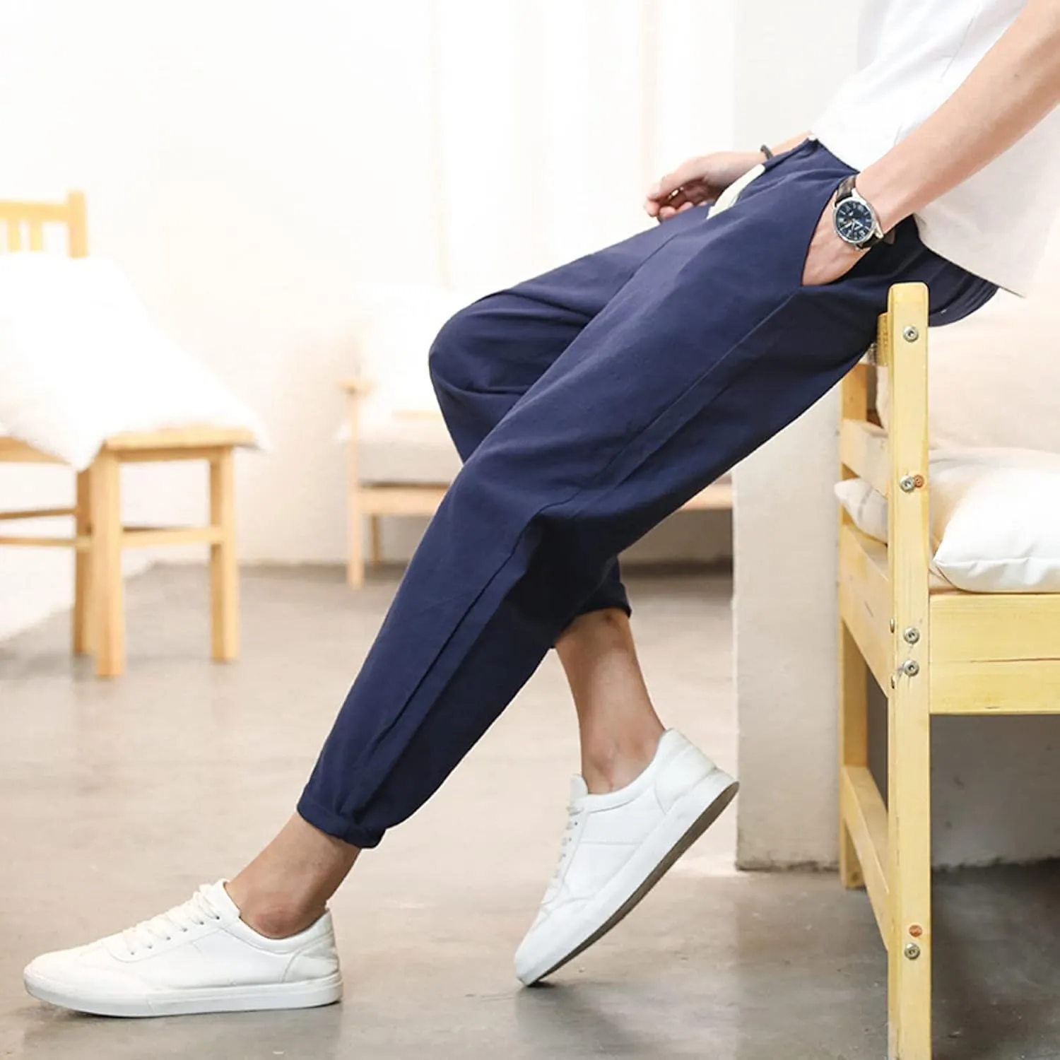 Mens Cotton Linen Pants Casual Elastic Drawstring Waist Lounge Beach Pants Summer Casual Straight Leg Dress Trousers