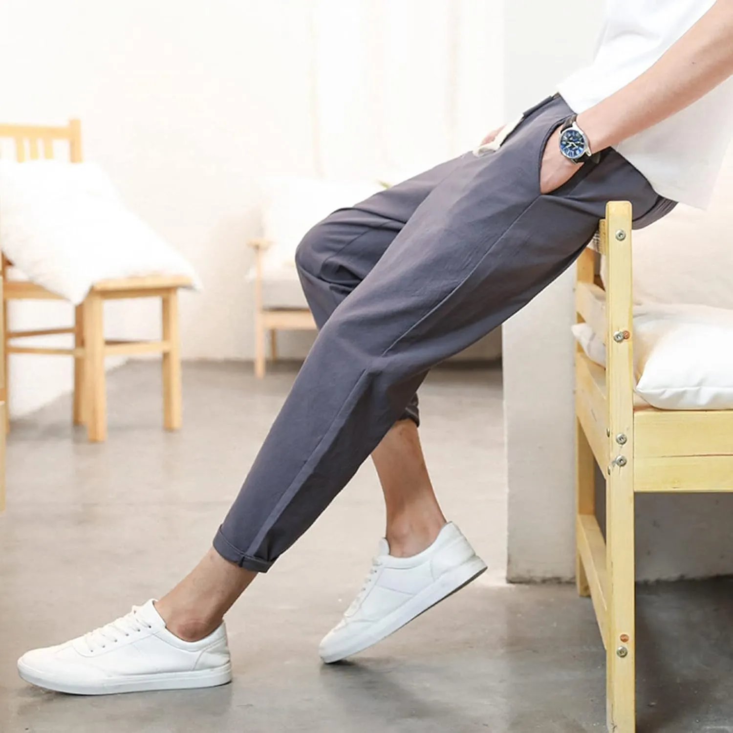 Mens Cotton Linen Pants Casual Elastic Drawstring Waist Lounge Beach Pants Summer Casual Straight Leg Dress Trousers