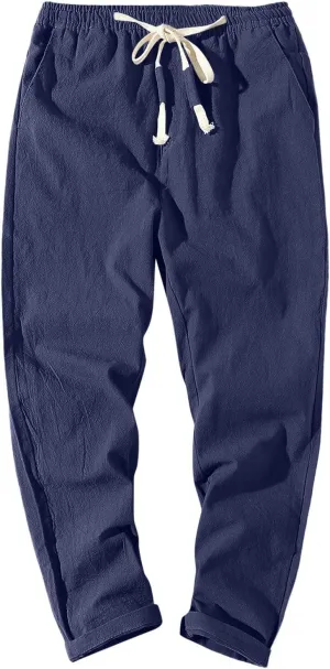 Mens Cotton Linen Pants Casual Elastic Drawstring Waist Lounge Beach Pants Summer Casual Straight Leg Dress Trousers