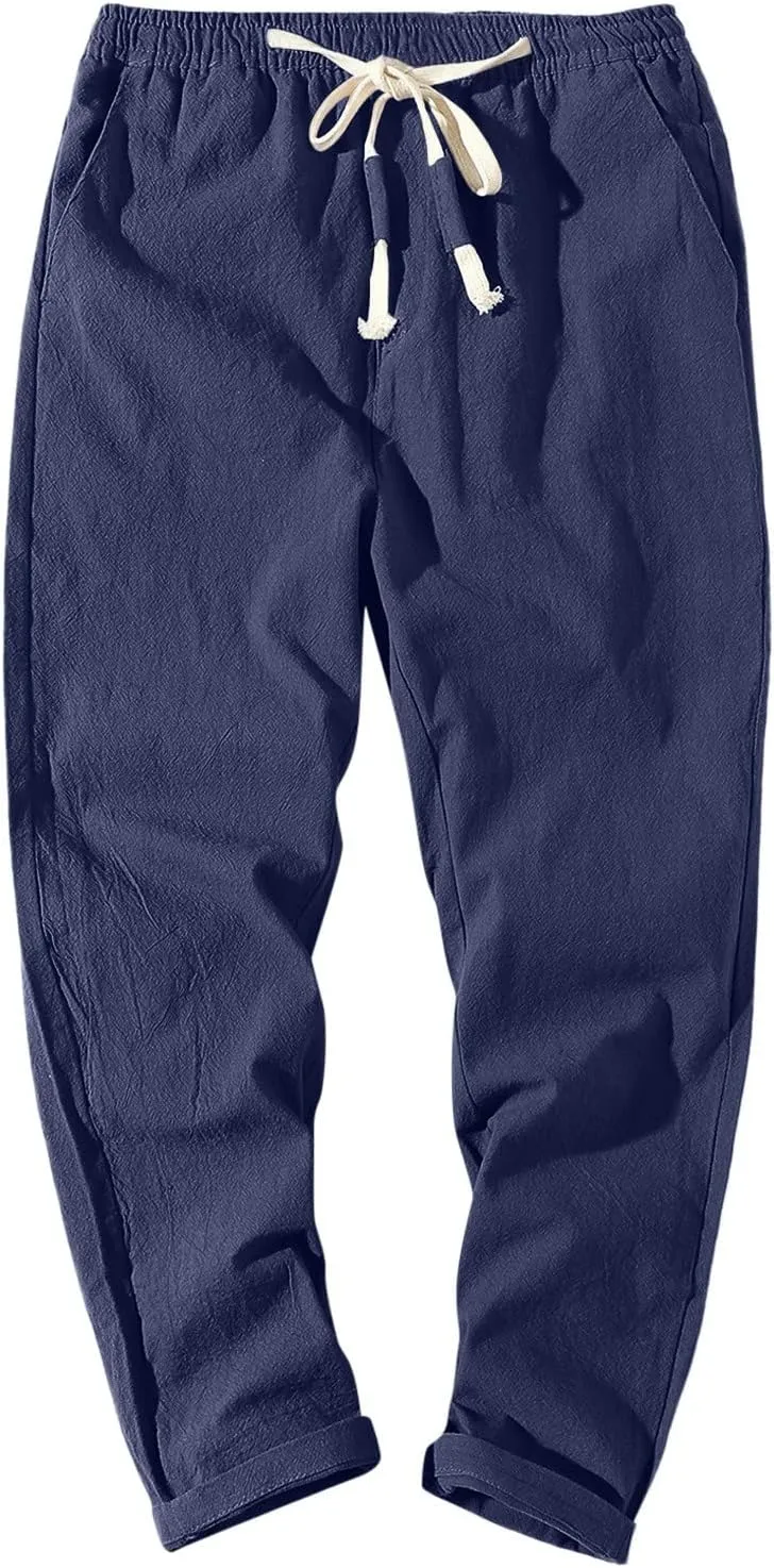 Mens Cotton Linen Pants Casual Elastic Drawstring Waist Lounge Beach Pants Summer Casual Straight Leg Dress Trousers