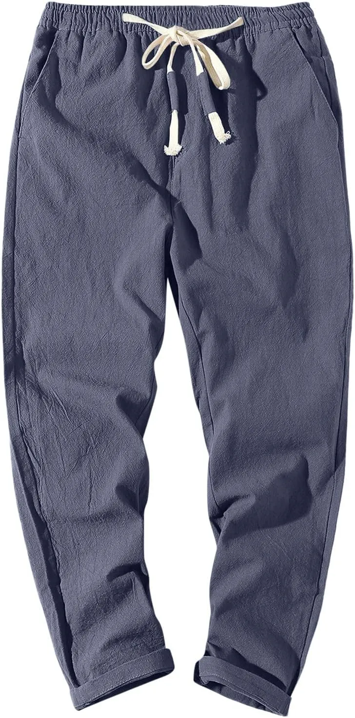 Mens Cotton Linen Pants Casual Elastic Drawstring Waist Lounge Beach Pants Summer Casual Straight Leg Dress Trousers
