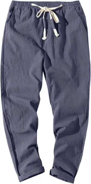 Mens Cotton Linen Pants Casual Elastic Drawstring Waist Lounge Beach Pants Summer Casual Straight Leg Dress Trousers