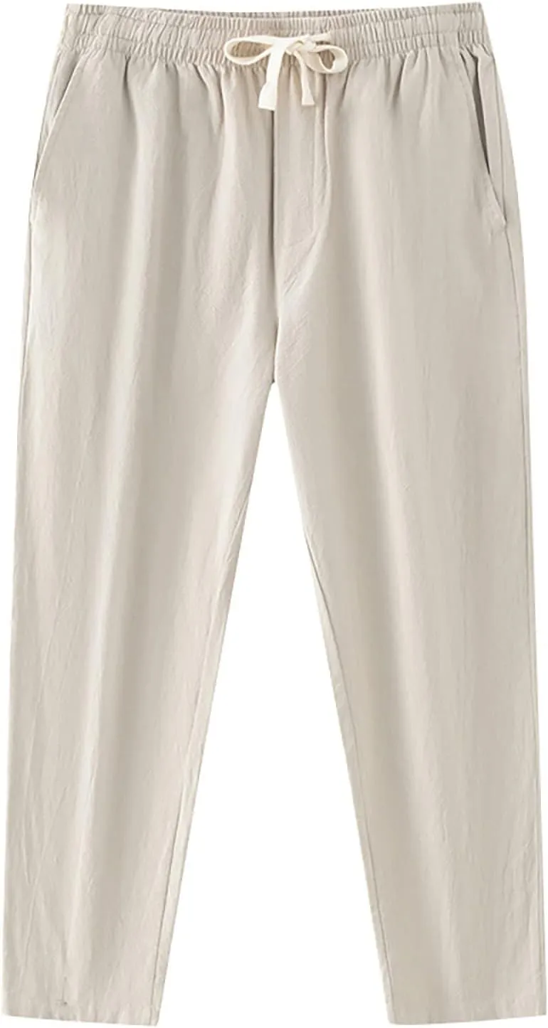 Mens Linen Pants Beach Tall Summer Elastic Waist Drawstring Beach Athletic Pants for Workout, Jogging, Running