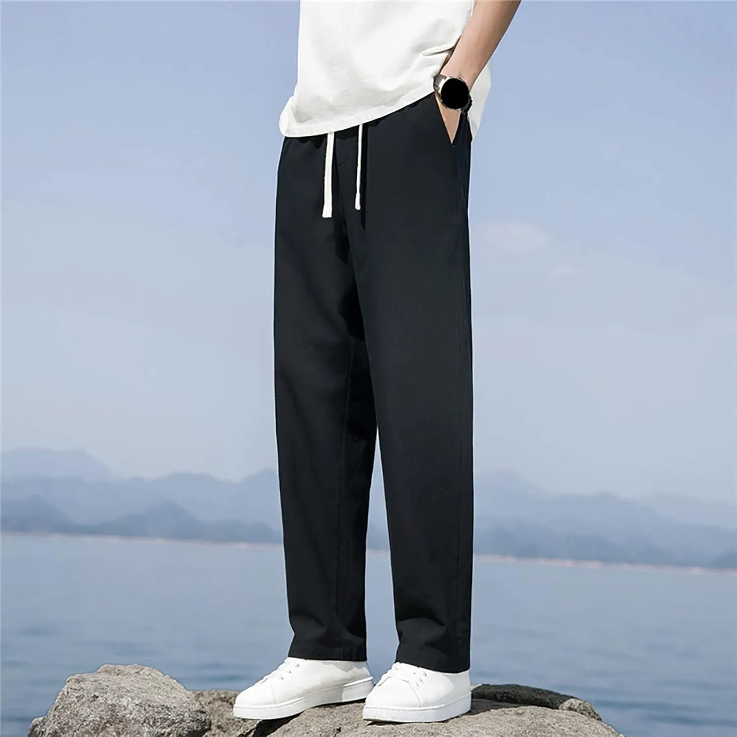 Mens Linen Pants Beach Tall Summer Elastic Waist Drawstring Beach Athletic Pants for Workout, Jogging, Running