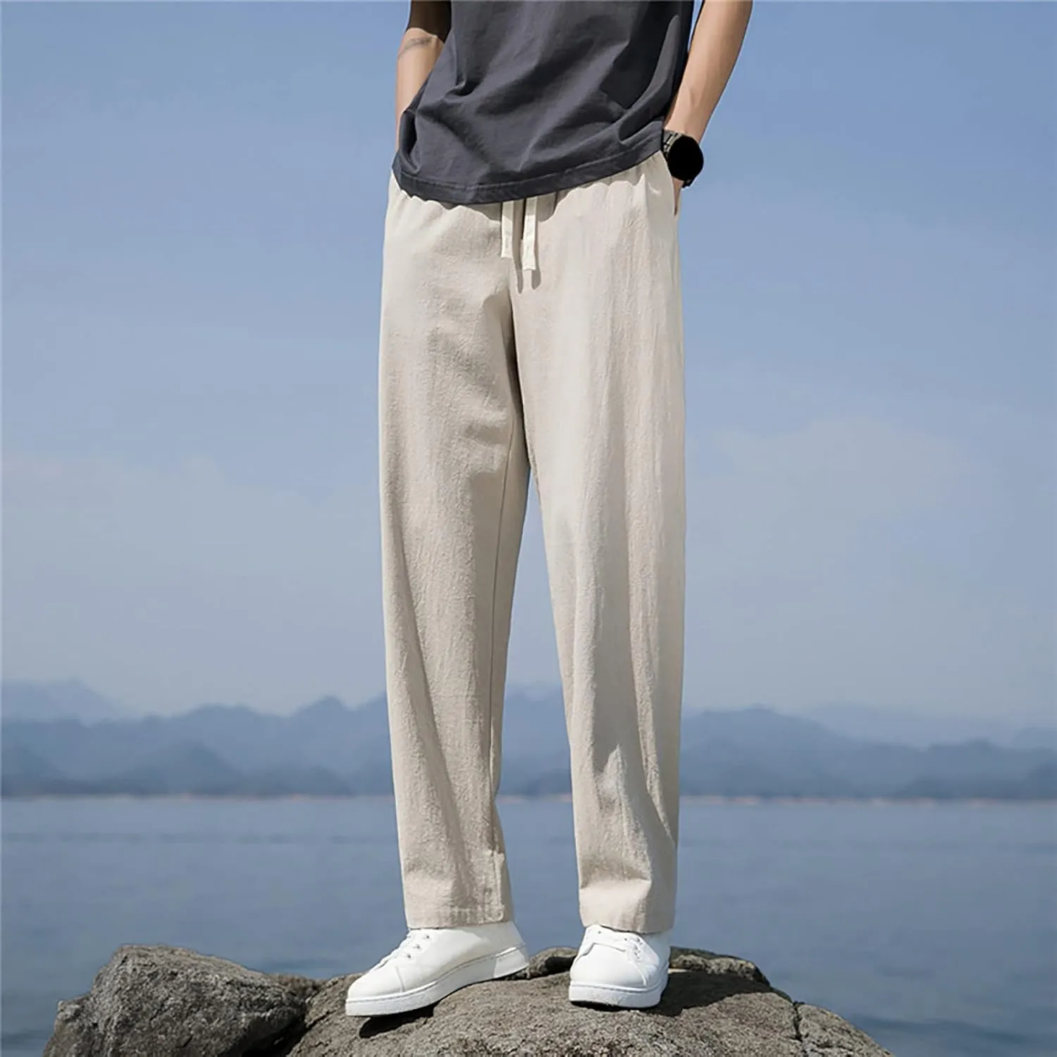 Mens Linen Pants Beach Tall Summer Elastic Waist Drawstring Beach Athletic Pants for Workout, Jogging, Running