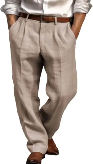 Mens Linen Pants Big and Tall Classic Flat Front Chino Pants Casual Lightweight Straight Leg Summer Beach Trousers