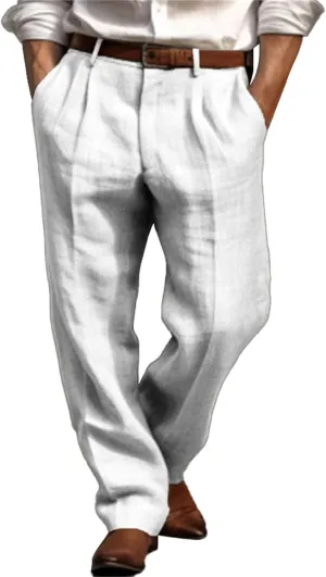 Mens Linen Pants Big and Tall Classic Flat Front Chino Pants Casual Lightweight Straight Leg Summer Beach Trousers