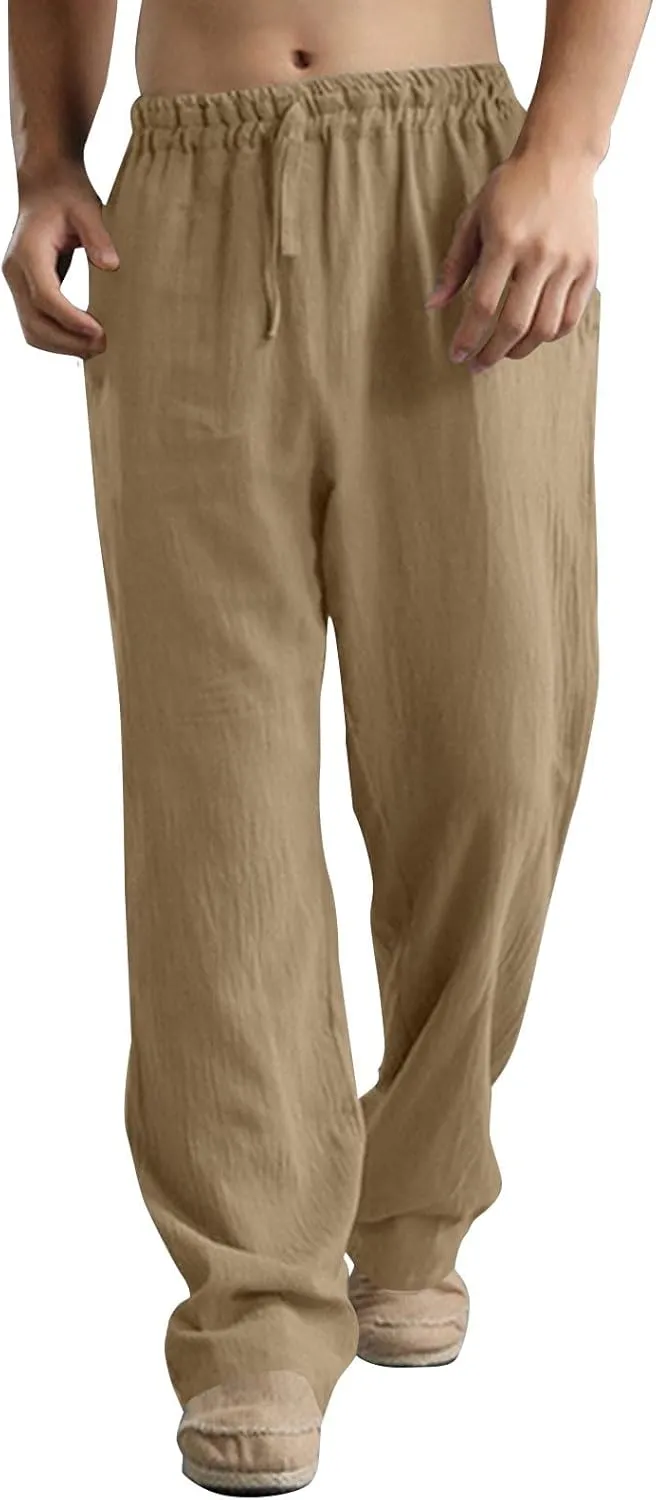 Mens Linen Pants Big and Tall Summer Elastic Waist Drawstring Beach Athletic Pants for Workout, Jogging, Running