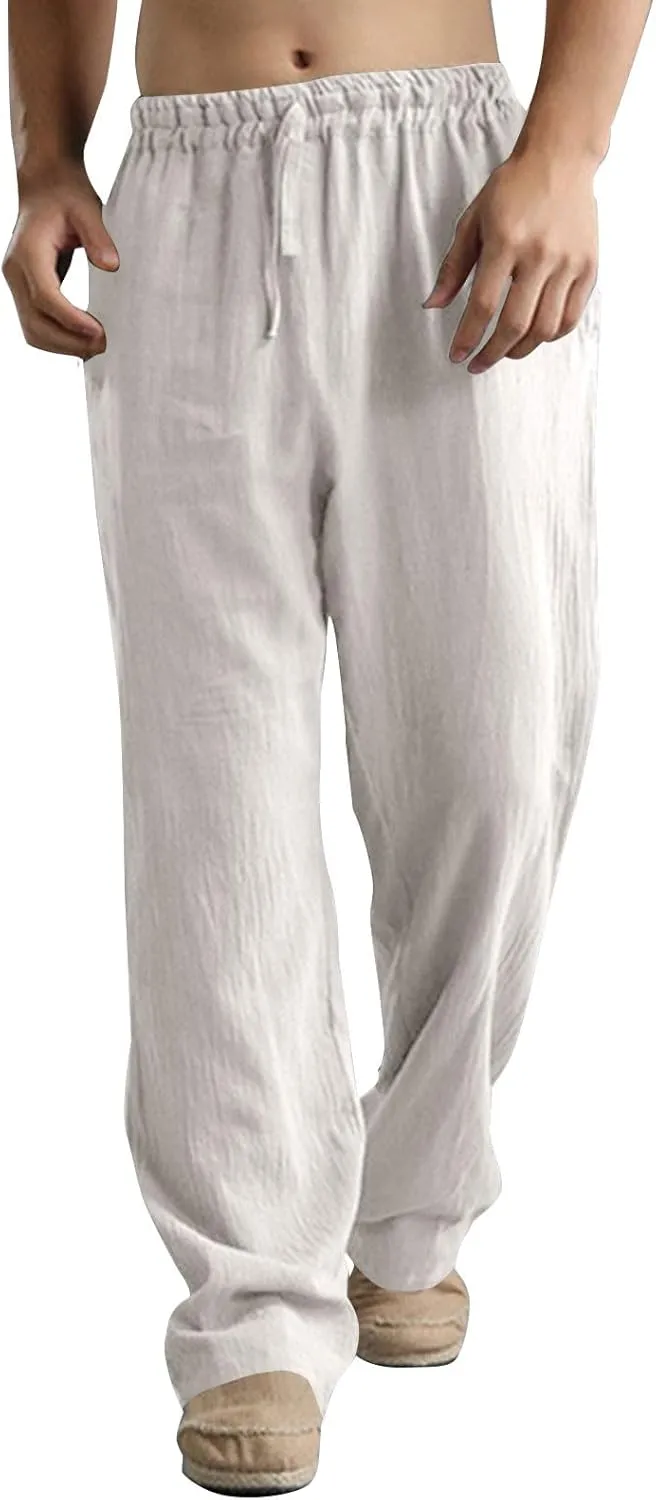 Mens Linen Pants Big and Tall Summer Elastic Waist Drawstring Beach Athletic Pants for Workout, Jogging, Running